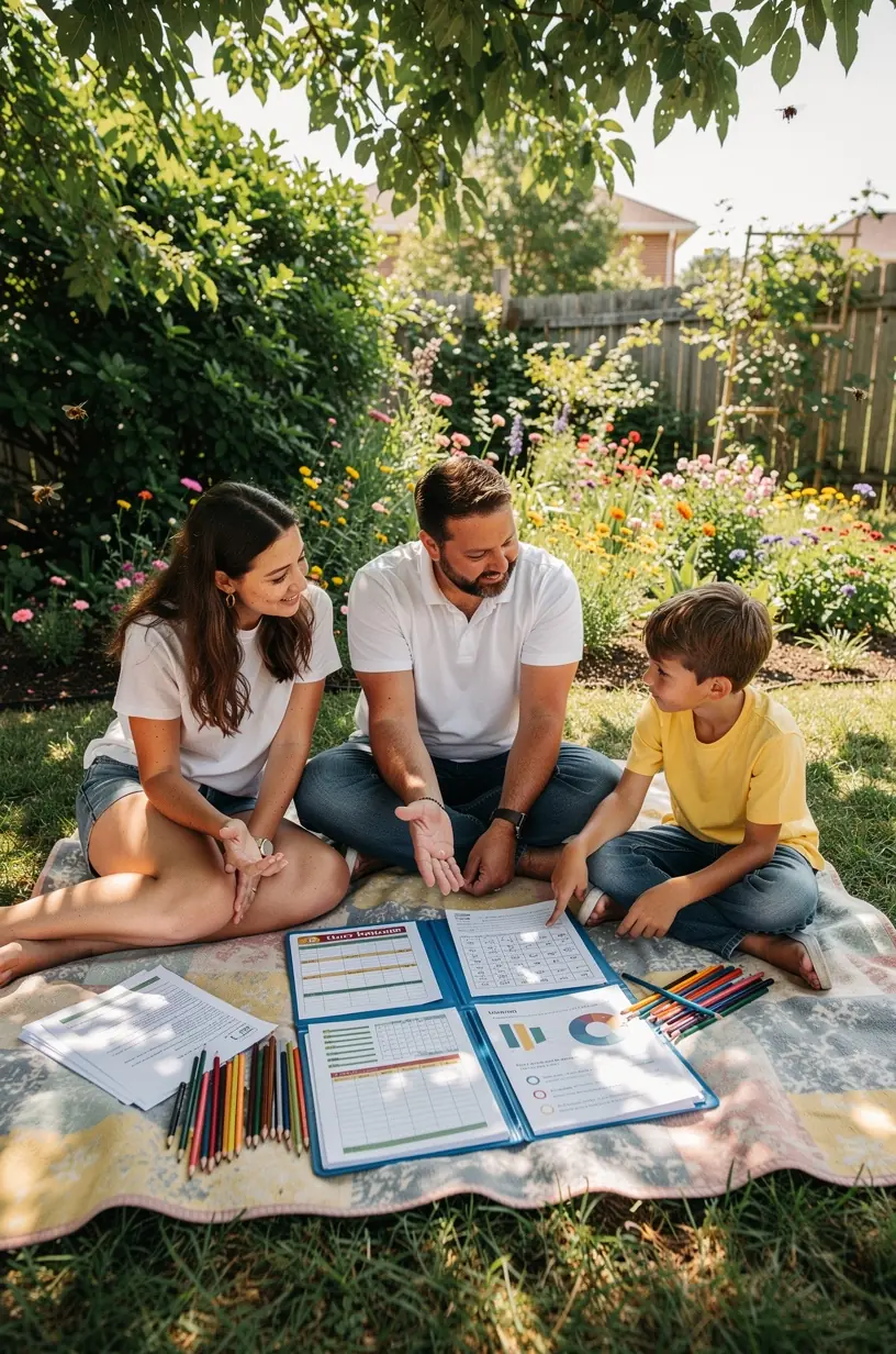 Gyermekek és szülők közösen tanulják a költségvetés készítésének lépéseit egy családi pénzügyi oktatás során.