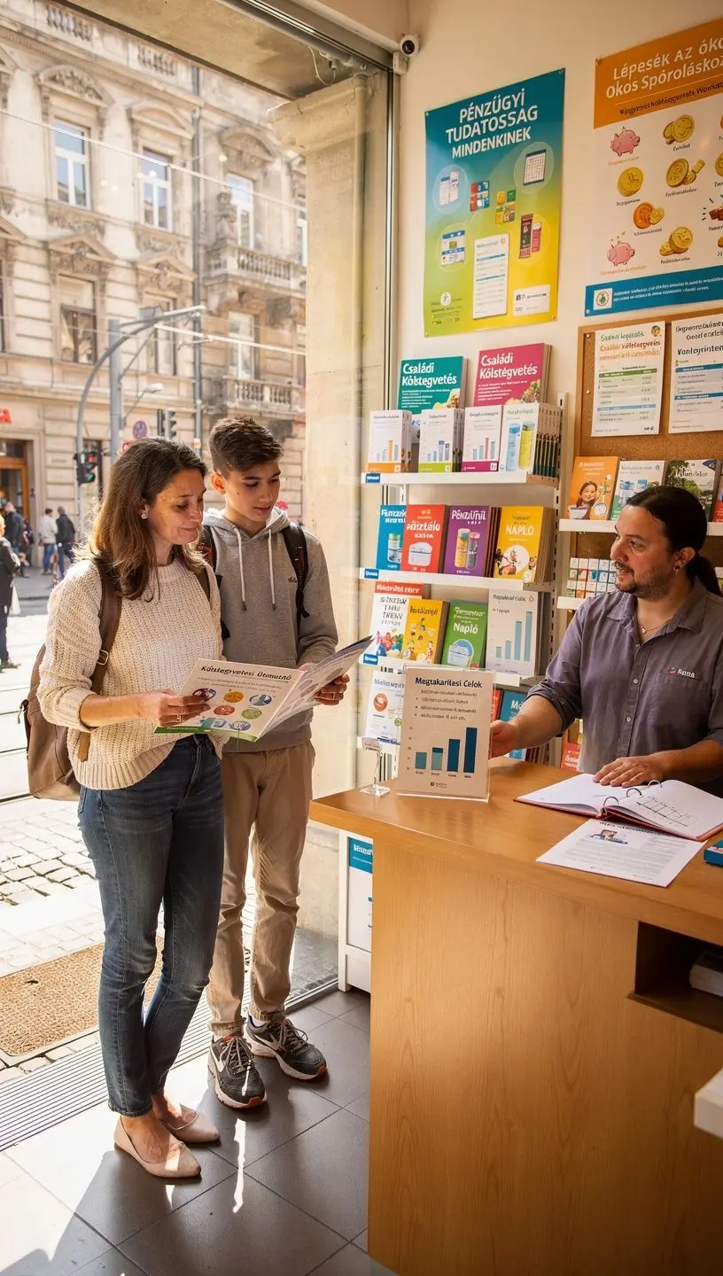 Egy család közösen beszélget a pénzügyi céljaikról, miközben megtekintik a háztartási költségvetési készletet.