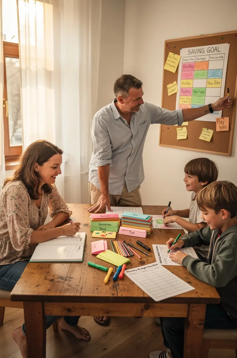 Családi költségvetési készlet és nyomtatott ellenőrzőlista, amely segít átláthatóan kezelni a személyes pénzügyeket egy otthoni környezetben.