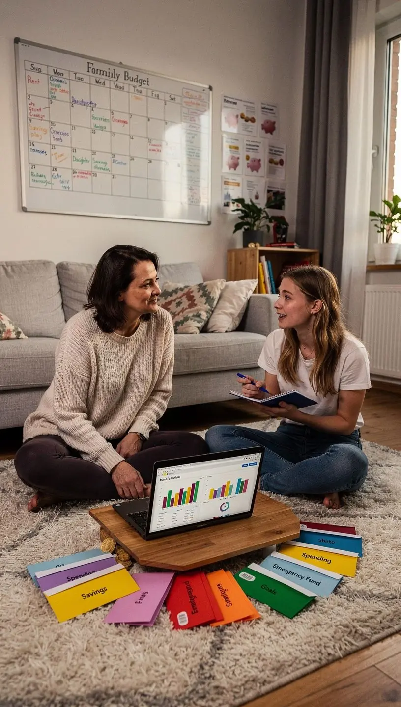Családi költségvetési készlet és nyomtatott ellenőrzőlista egy asztalon, pénzügyi tervezéshez és háztartási költségek nyomon követéséhez.