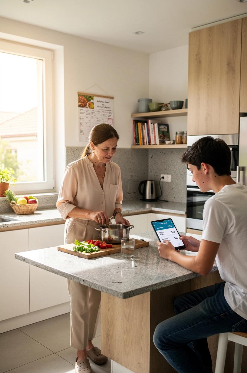 Család ül az asztalnál, miközben háztartási költségvetési készleteket és nyomtatott ellenőrző listákat használ a pénzügyi tervezéshez.